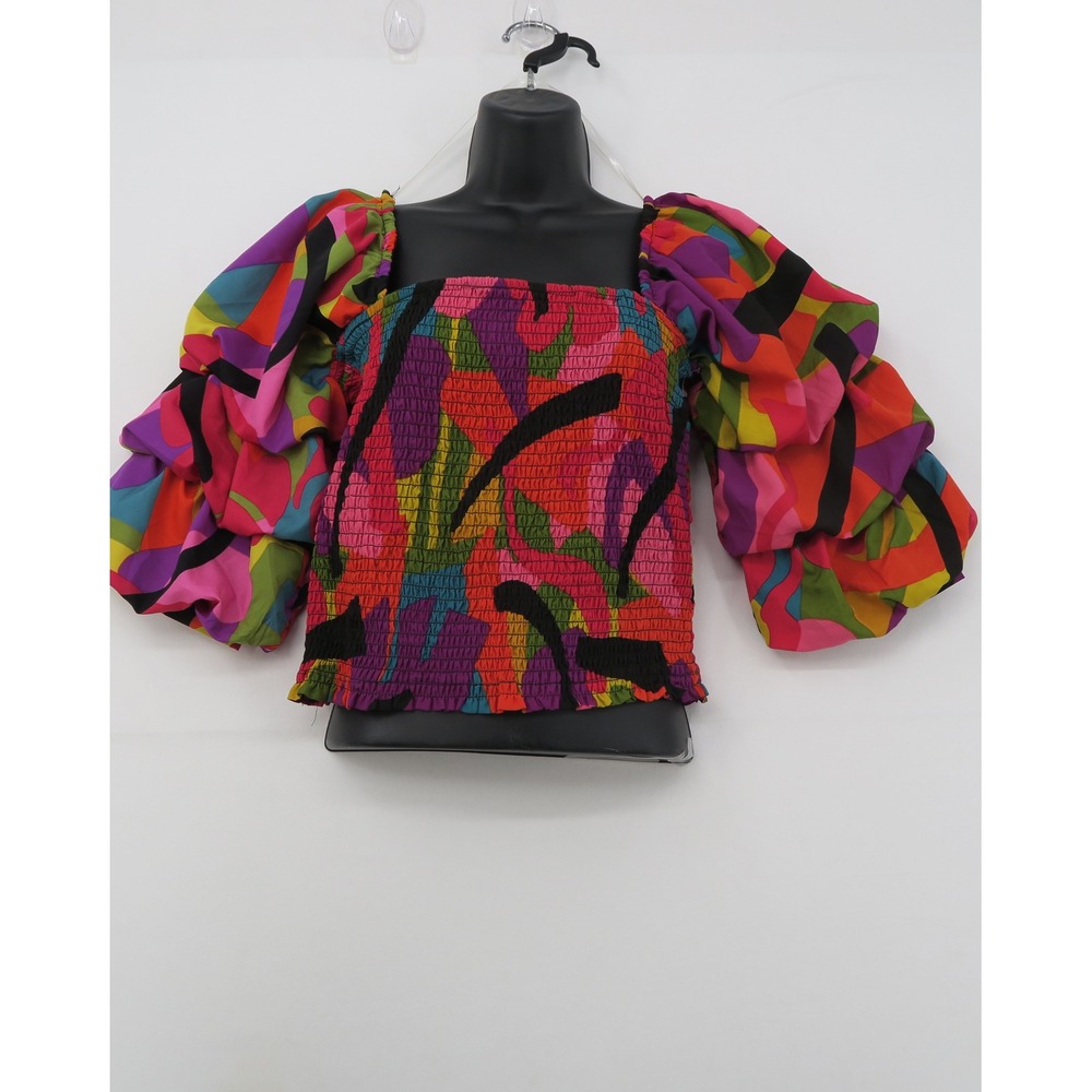 Live 4 Truth Smocked Puff Sleeve Crop Top Multi Color Abstract Print Medium - Picture 2 of 10